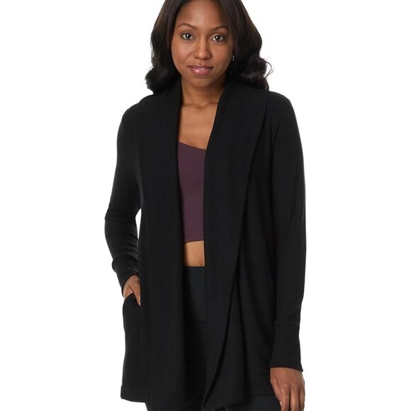Beyond Yoga Sporty Chic Minimalist Black Open Front 2 Pocket Cardigan Women's L - Picture 1 of 10